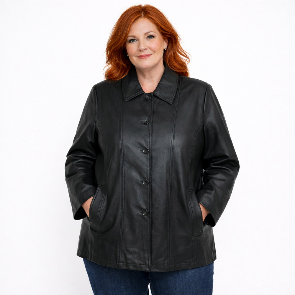 Gianni Ferrara Leather Coat Womens 2XL Black Button Front Lined Pockets Warm